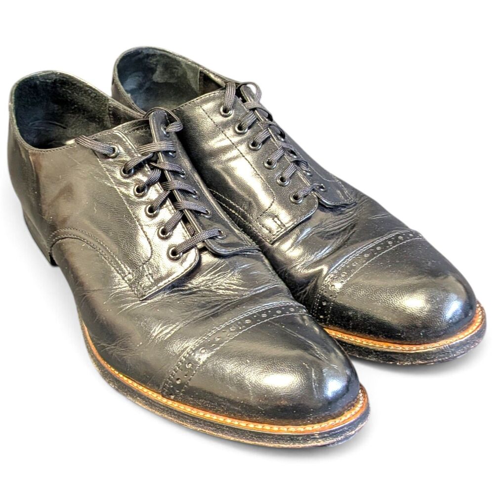Vintage 60s Stacy Adams Oxfords Mens 9.5 D Black Leather Cap Toe Dress Shoes